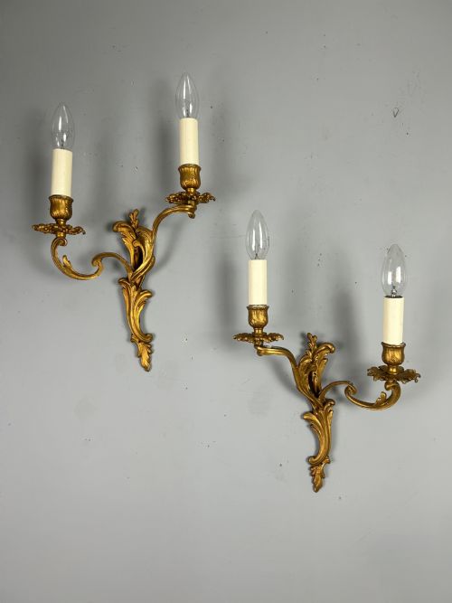 French Pair of Gilt Brass Antique Wall Lights