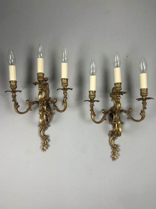 Pair of French Triple Arm Gilt Brass Antique Wall Lights