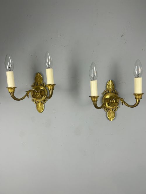 Pair of French Gilt Brass Antique Wall Lights, Rewired