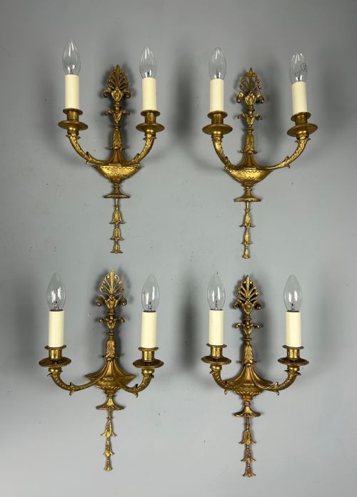 French Set of Four Twin Arm Antique Wall Lights, Rewired