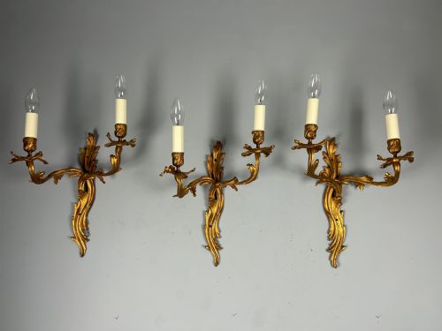 Set of 3 Large Rococo Gilt French Antique Wall Lights