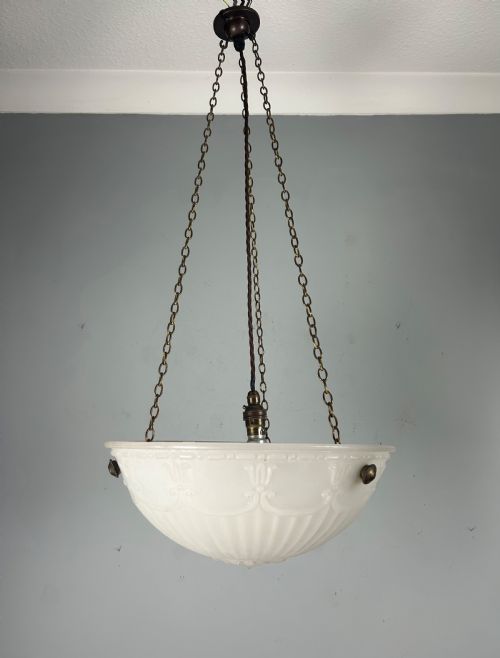 Edwardian Moonstone Plafonnier Ceiling Light, Chandelier, Original Shade, Rewired
