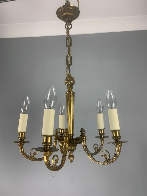 French Gilded Brass 5 Light Antique Chandelier