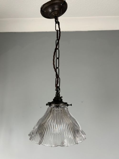 Antique Holophane Pendant Ceiling Light, Original Shade, Rewired and Pat Tested
