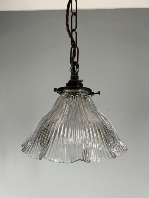 fig 1. Antique Holophane Pendant Ceiling Light, Original Shade, Rewired And Pat Tested