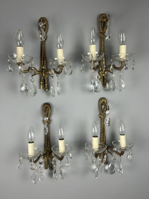 Set of 4 French Antique Wall Lights with Crystals