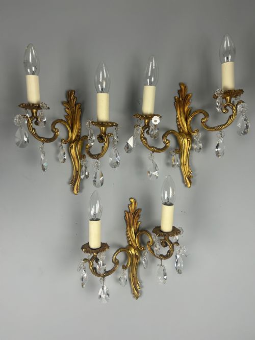 Set of 3 French Gilded Twin Arm Antique Wall Lights with Crystals