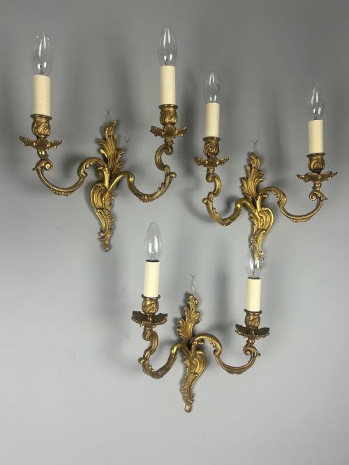 Set of 3 French Gilt Brass Antique Wall Lights, Rewired