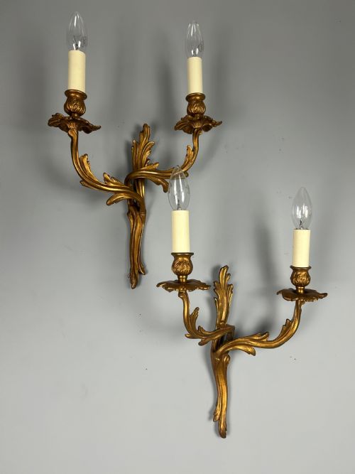 French Pair of Gilded Brass Antique Wall Lights