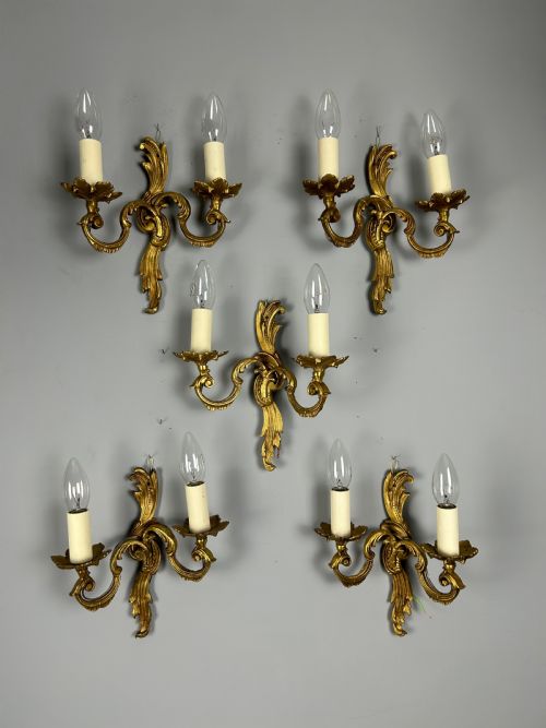 Set of 5 French Gilded Twin Arm Antique Wall Lights