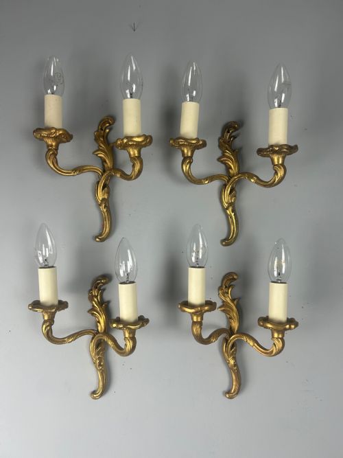 Set of 4 Small French Gilt Brass Antique Wall Lights, Rewired