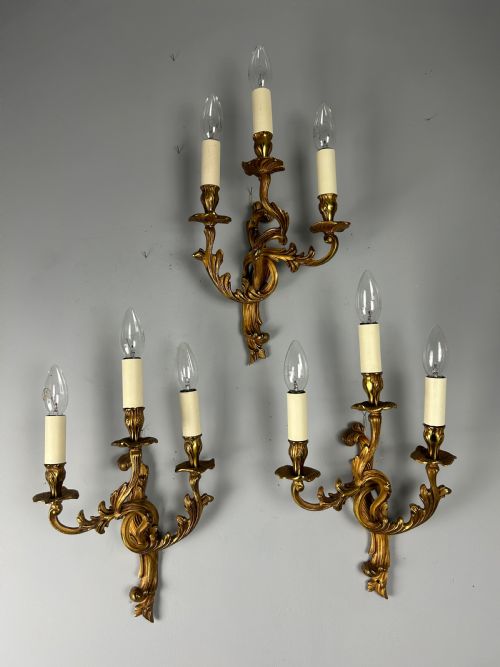 Set of 3 French Gilded Triple Arm Antique Wall Lights