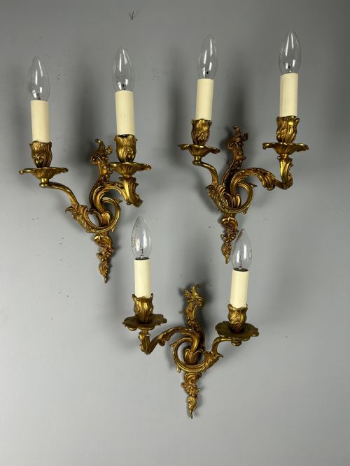 Set of 3 Gilt French Antique Wall Lights, Rewired