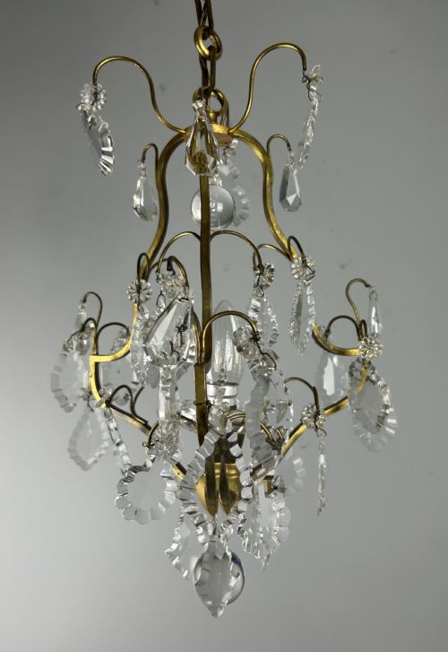 French Single Light Gilt Brass Crystal Antique Chandelier, Ceiling Light