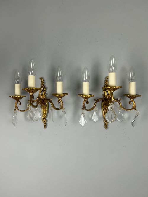 Pair of French Triple Arm Brass Antique Wall Lights with Crystals