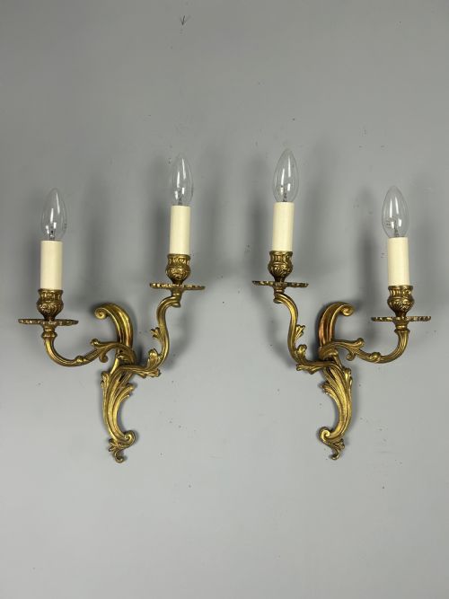 Pair of French Gilded Twin Arm Antique Wall Lights, Rewired & Pat Tested