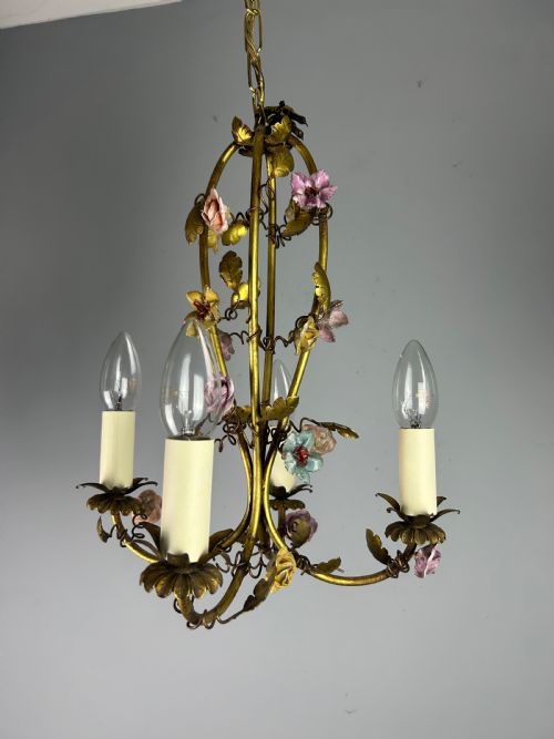 FRENCH 4 LIGHT ANTIQUE CHANDELIER WITH PORCELAIN FLOWERS - ADDITIONAL PHOTO 7