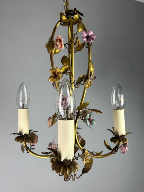 FRENCH 4 LIGHT ANTIQUE CHANDELIER WITH PORCELAIN FLOWERS - ADDITIONAL PHOTO 13