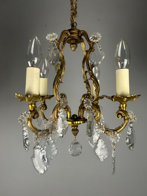 Small French Gilt Brass 4 Light Birdcage Chandelier