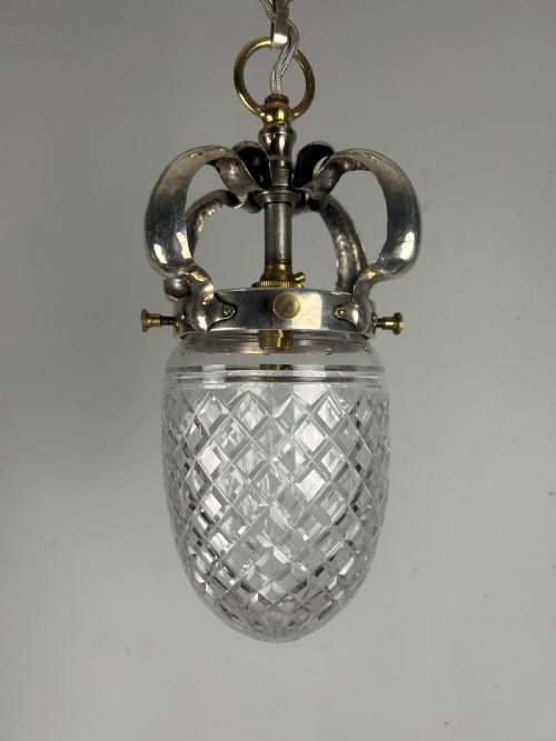 English Arts & Crafts Silver Plated Pendant Ceiling Light, Original Shade