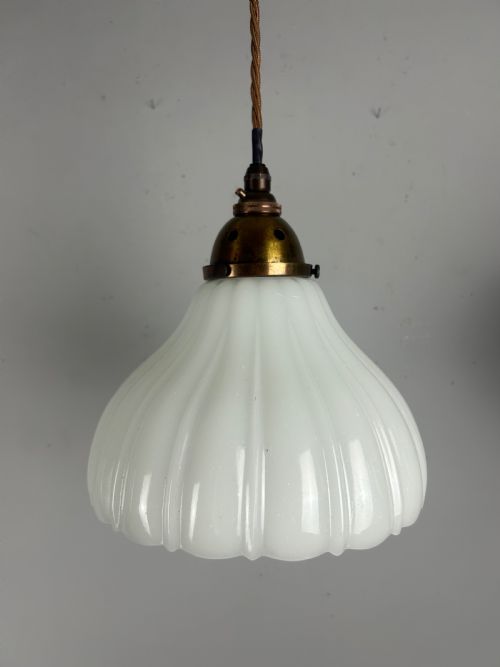 Edwardian Moonstone Glass Shade Pendant Ceiling Light with Aged Brass Gallery