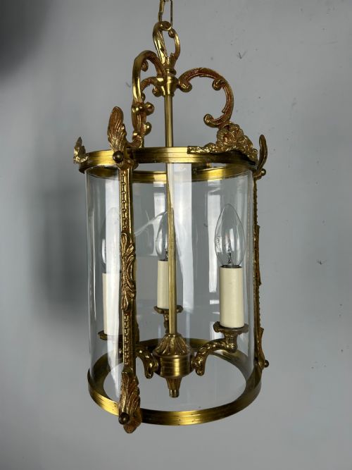 French Gilded Brass Triple Light Antique Lantern