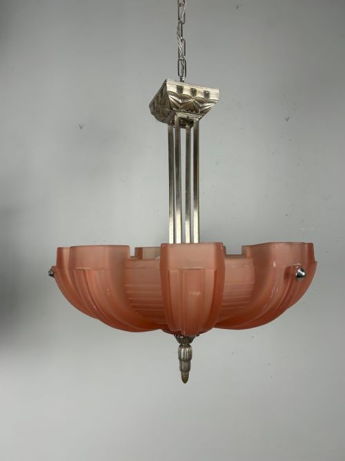 Art Deco Chrome & Glass Chandelier, Ceiling Light