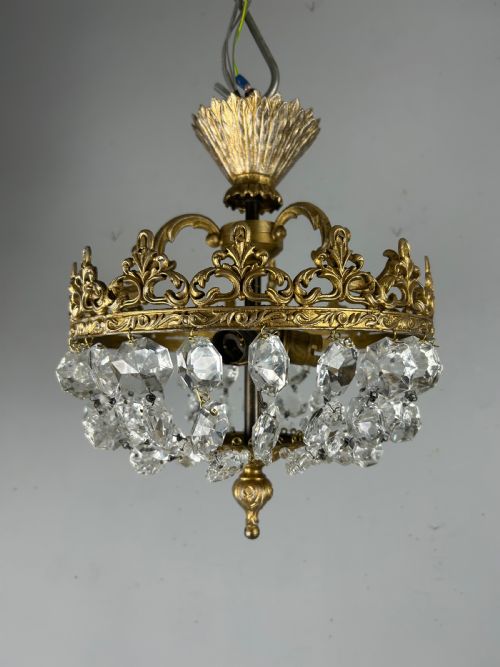 French Antique Flush Crystal 3 Light Ceiling Light, Chandelier