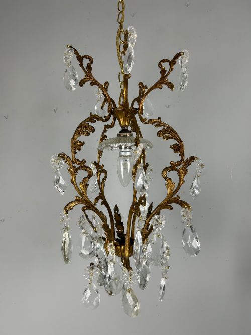 French Single Light Gilt Brass Crystal Antique Chandelier, Ceiling Light