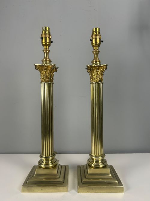 Pair of Hinks & Sons Brass Corinthian Column Table Lamps