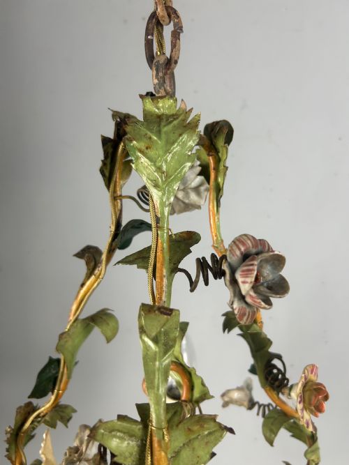 FRENCH TOLEWARE FLORAL 3 LIGHT ANTIQUE CHANDELIER CEILING LIGHT - ADDITIONAL PHOTO 13