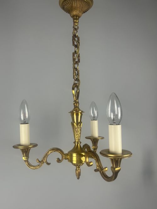 French 3 Light Gilt Brass Chandelier