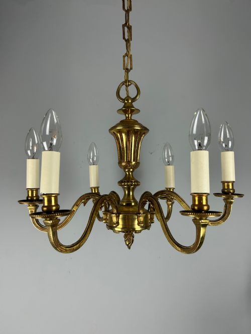 French Gilded Brass 6 Light Antique Chandelier