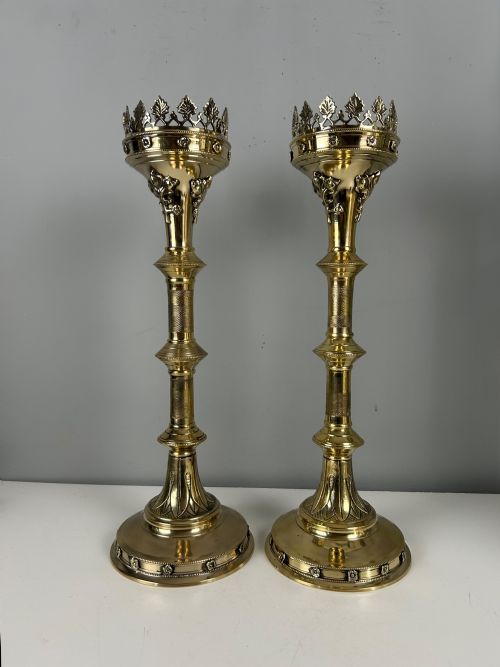 Pair of French Polished Brass Church Pricket Candlesticks, C1900