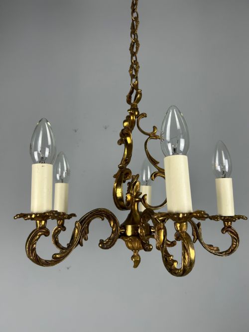 French Gilt Brass 5 Light Chandelier, Ceiling Light
