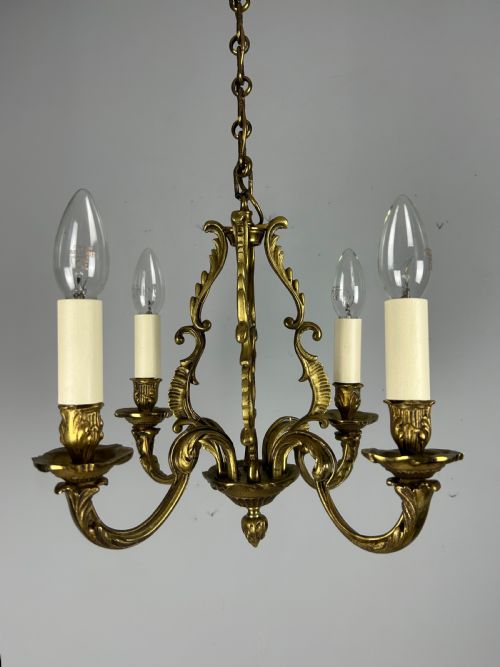 Small French Gilt Brass 4 Light Chandelier, Ceiling Light