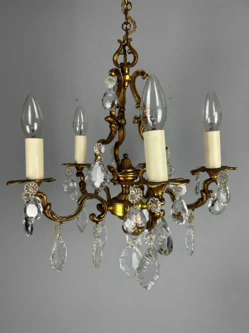 French Brass & Crystal 5 Light Chandelier