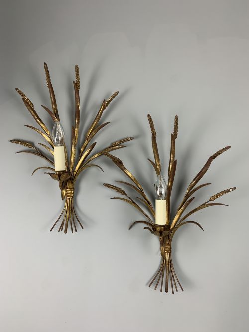 Pair of Italian Gilt Brass Wheatsheaf Wall Lights, Rewired