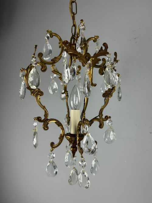French Single Light Gilt Brass Crystal Antique Chandelier, Ceiling Light