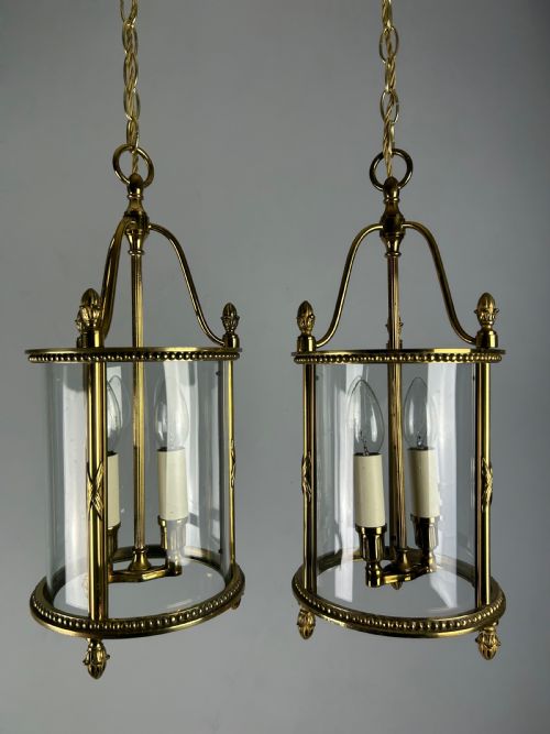 Pair of French Gilded Brass Twin Light Hall Lanterns, Rewired
