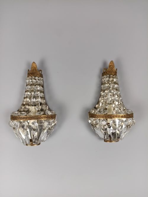 Pair of French Single Light Crystal Tent Antique Wall Lights