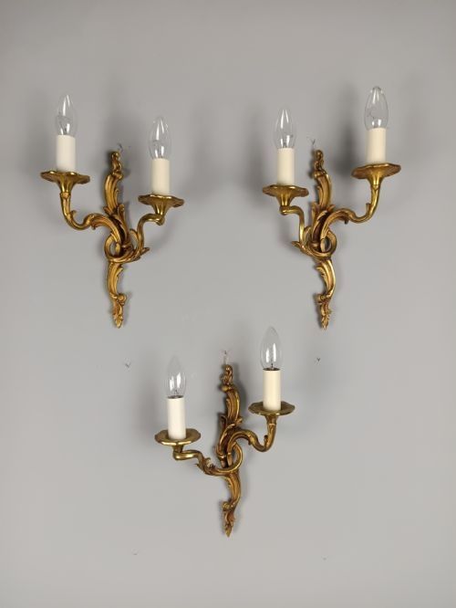 Set of 3 Antique French Rococo Gilt Brass Wall Lights | Trio Sconce Set, C.1930, Rewired & Pat Tested