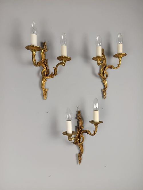 fig 1. Set of 3 Antique French Rococo Gilt Brass Wall Lights | Trio Sconce Set, c.1930, Rewired & PAT Tested