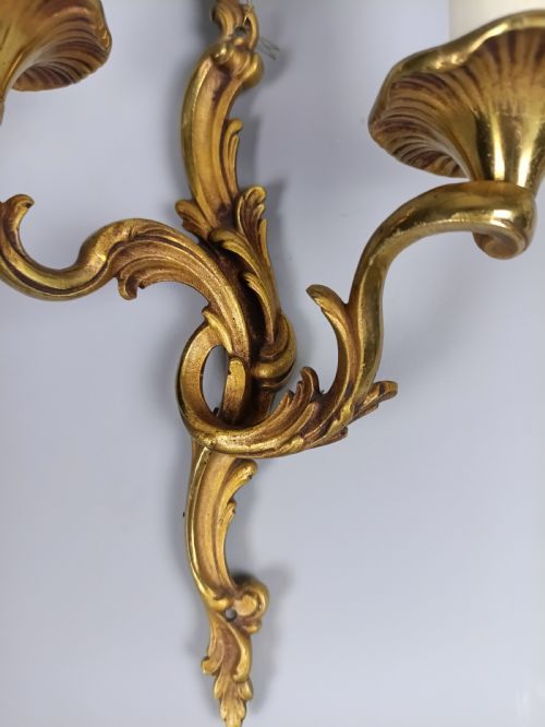 fig 6. Set of 3 Antique French Rococo Gilt Brass Wall Lights | Trio Sconce Set, c.1930, Rewired & PAT Tested