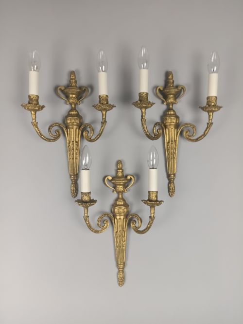 Set of 3 French Antique Twin Arm Gilded Brass Gilded Brass Wall Lights