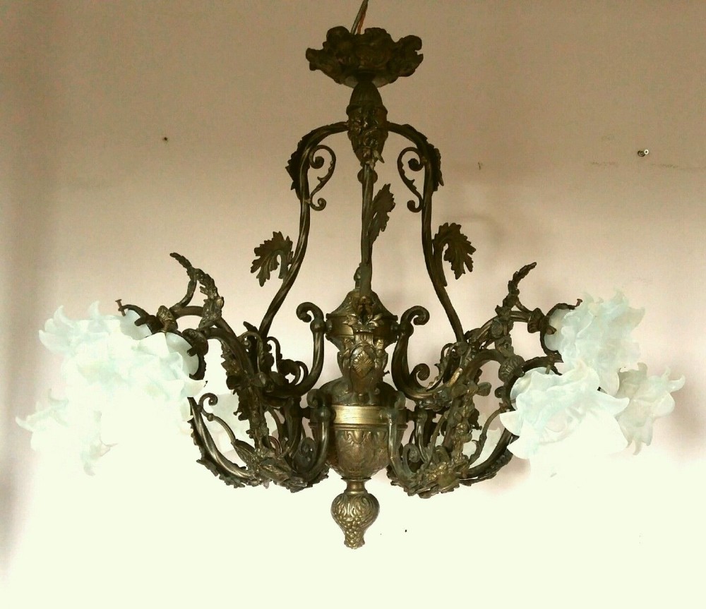 French c1900 Quality Ornate 9 Arm Gilt Brass Chandelier