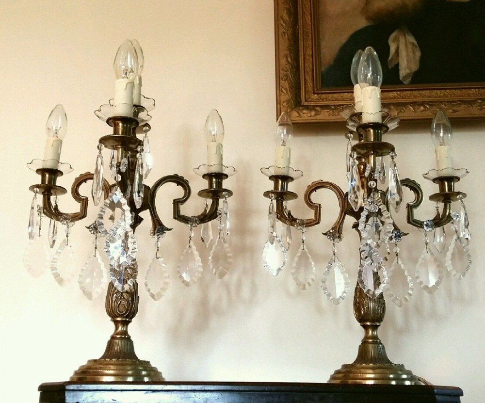 Pair of French Edwardian Gilt Bronze Crystal Table Candelabras 