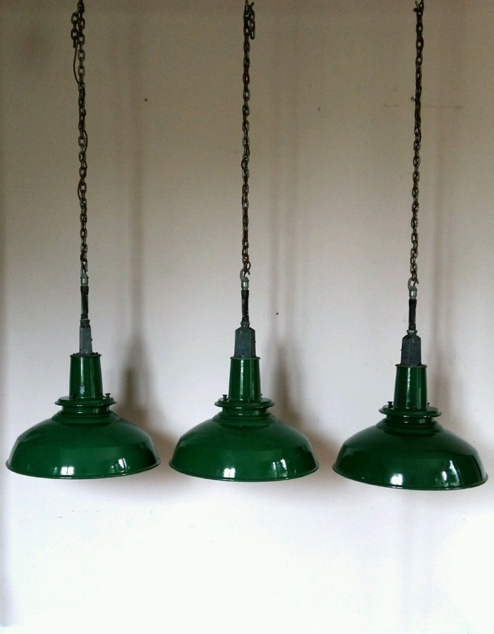 Pair Vintage Original Large Green Enamel Industrial Ceiling Lamps. Rewired