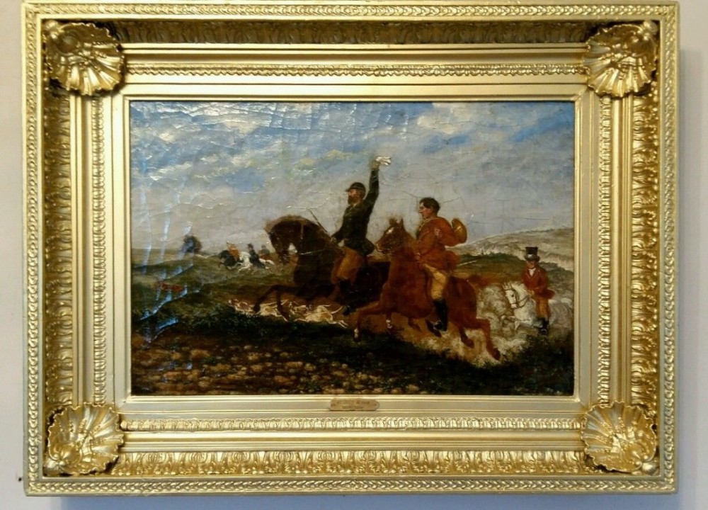 August Vischer 1821 - 1898 Signed Oil Painting Fox Hunting Original Frame 