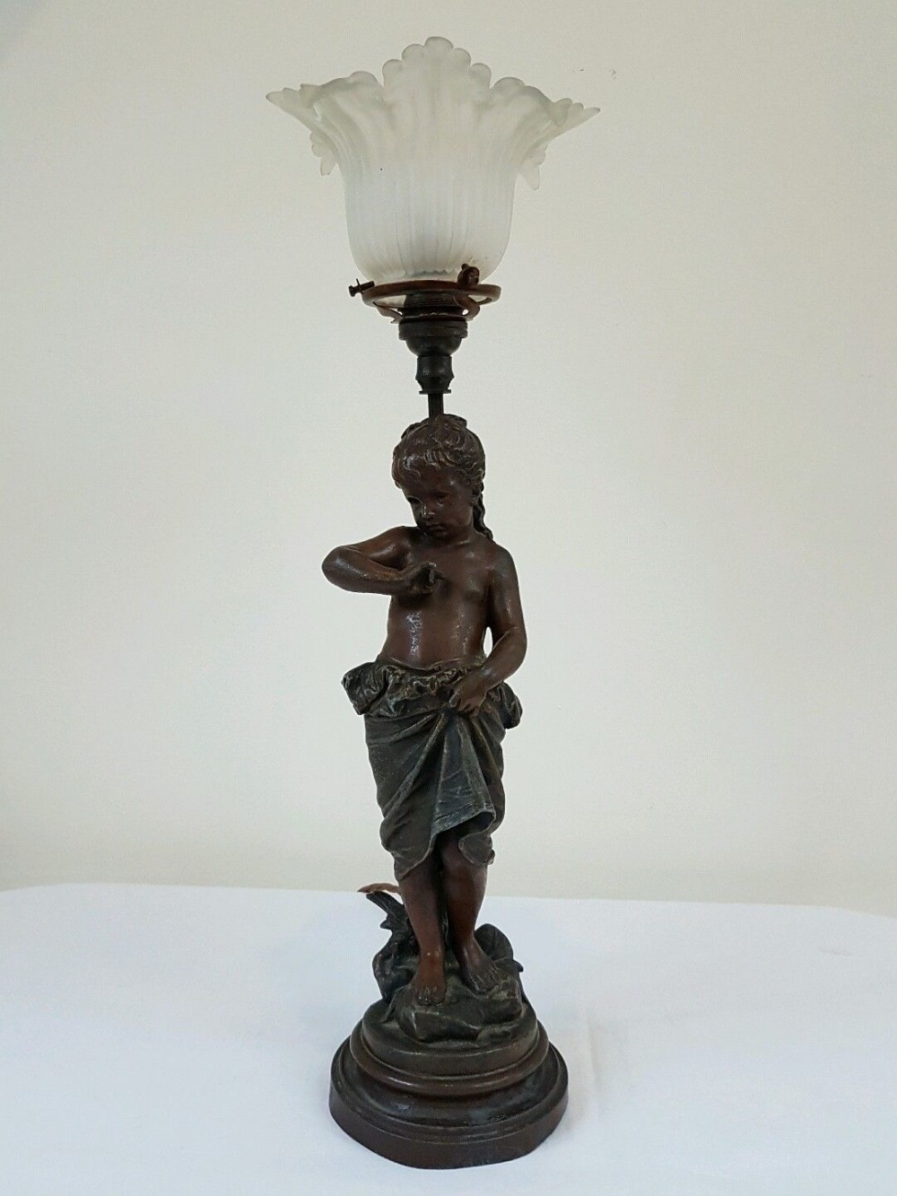 French c1900 Signed Bronze Table Lamp Young Girl Figure